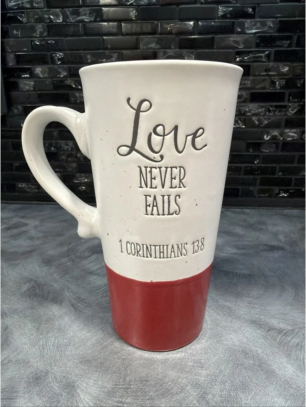 Inspirational Coffee Mug Love Never Fails, 1 Corinthians138